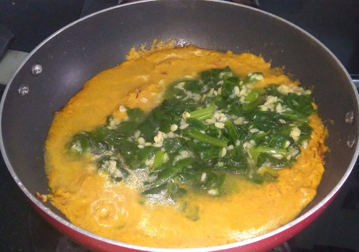 add moong dal and malabar spinach mixture